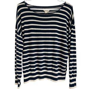 Nili Lotan Navy Blue Cream Stripe Boat Neck Rolled Collar Wool Silk Sweater S